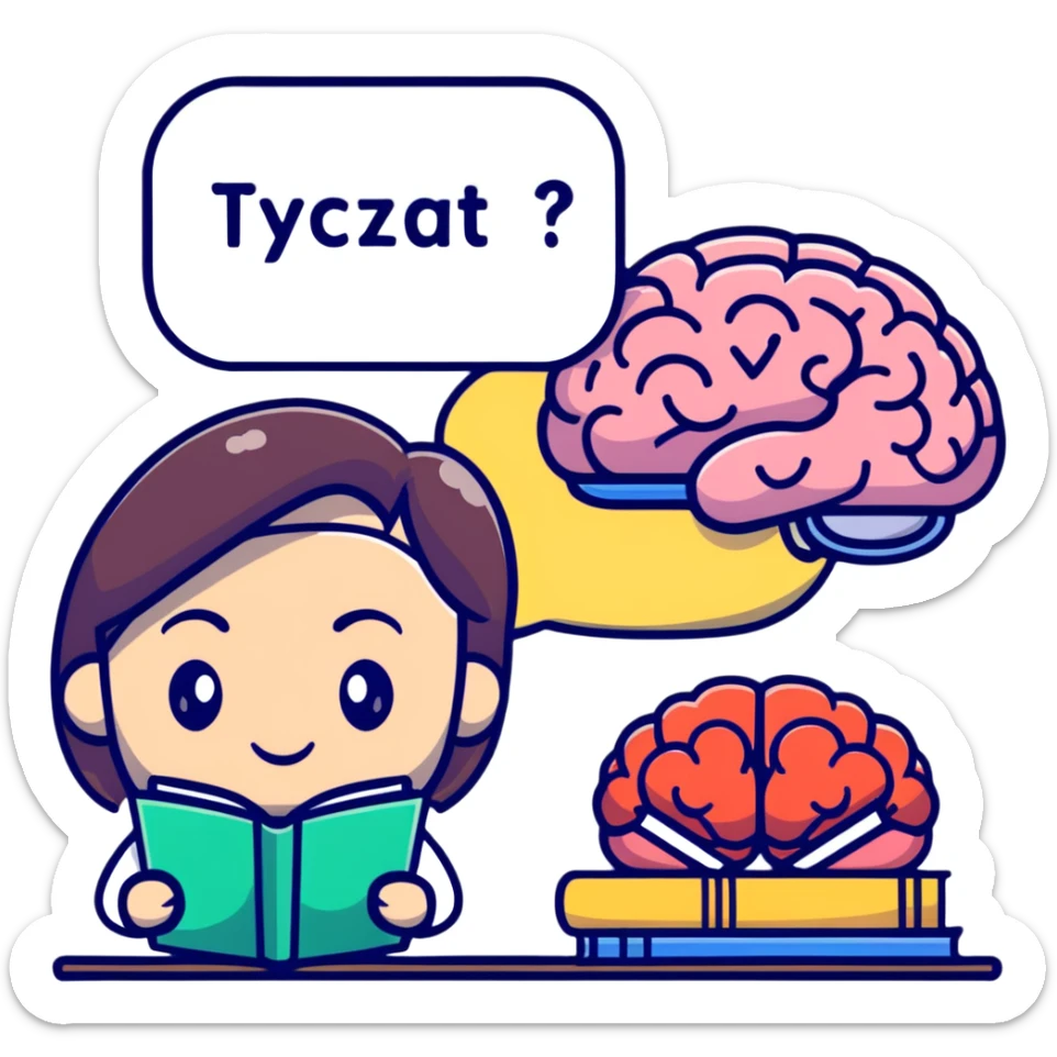 cartoon female psychologist holding a plush brain and a tea mug, looking thoughtful, with a speech bubble and books nearby, modern and expressive sticker