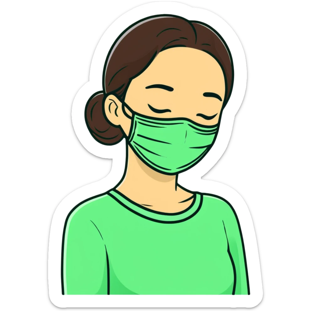 Girl with closed eyes sleeping with green beauty face mask on, relaxing self care moment sticker