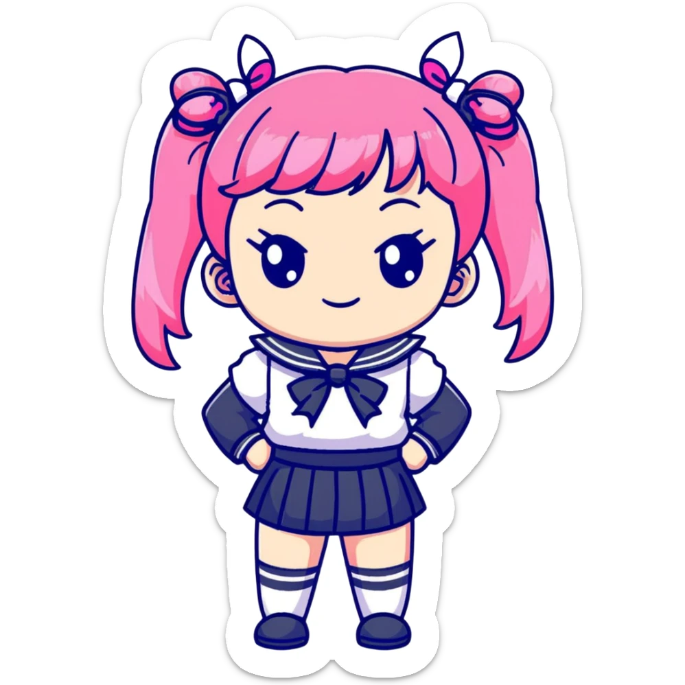 Adorable anime schoolgirl with pink twin tails and big eyes wearing sailor uniform, cute chibi style sticker