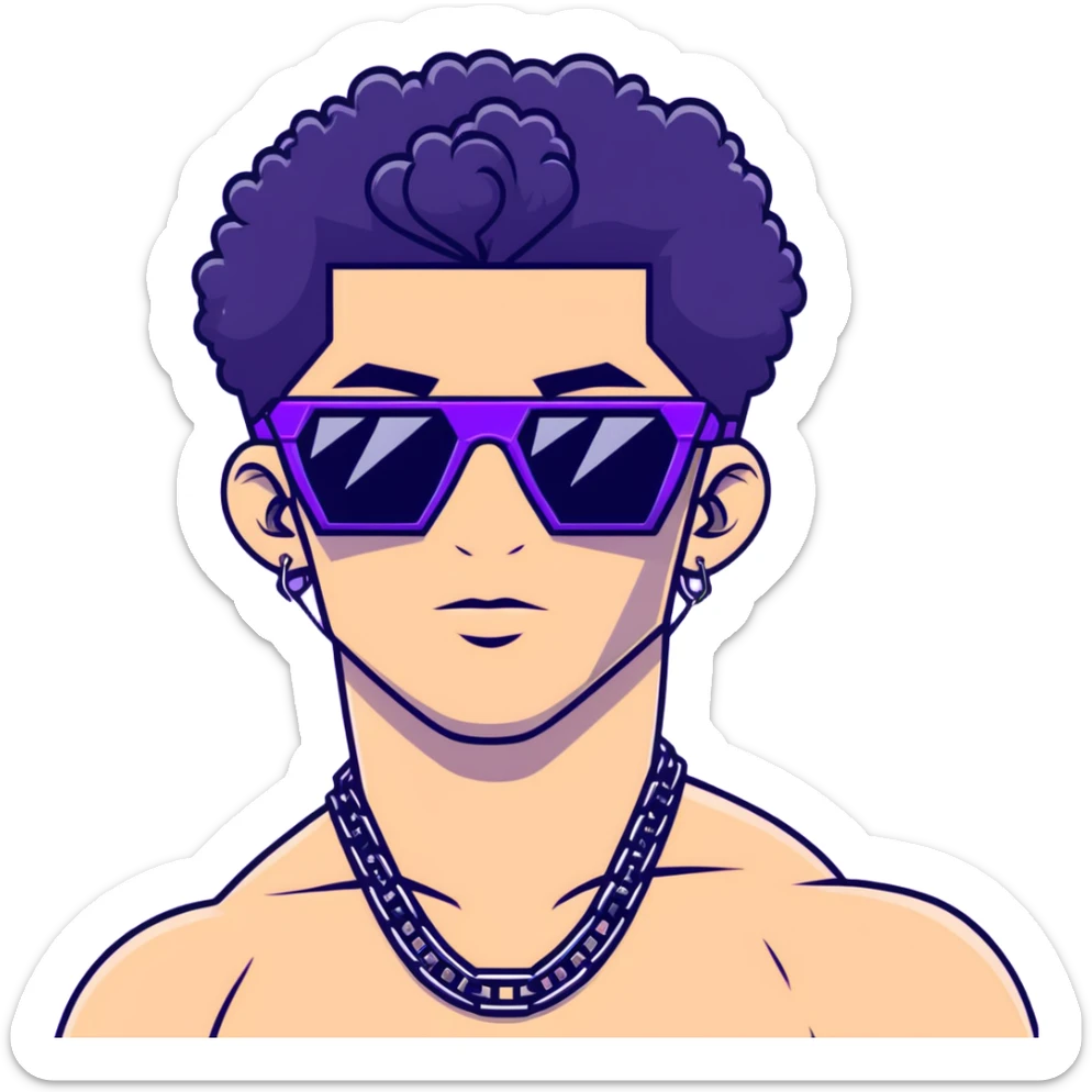 shirtless male athlete with white skin and moderately curly black hair on top with shaved sides, wearing sharp angular geometric purple sunglasses with very dark heavily tinted black lenses, and a simple plain black chain necklace, no earrings sticker