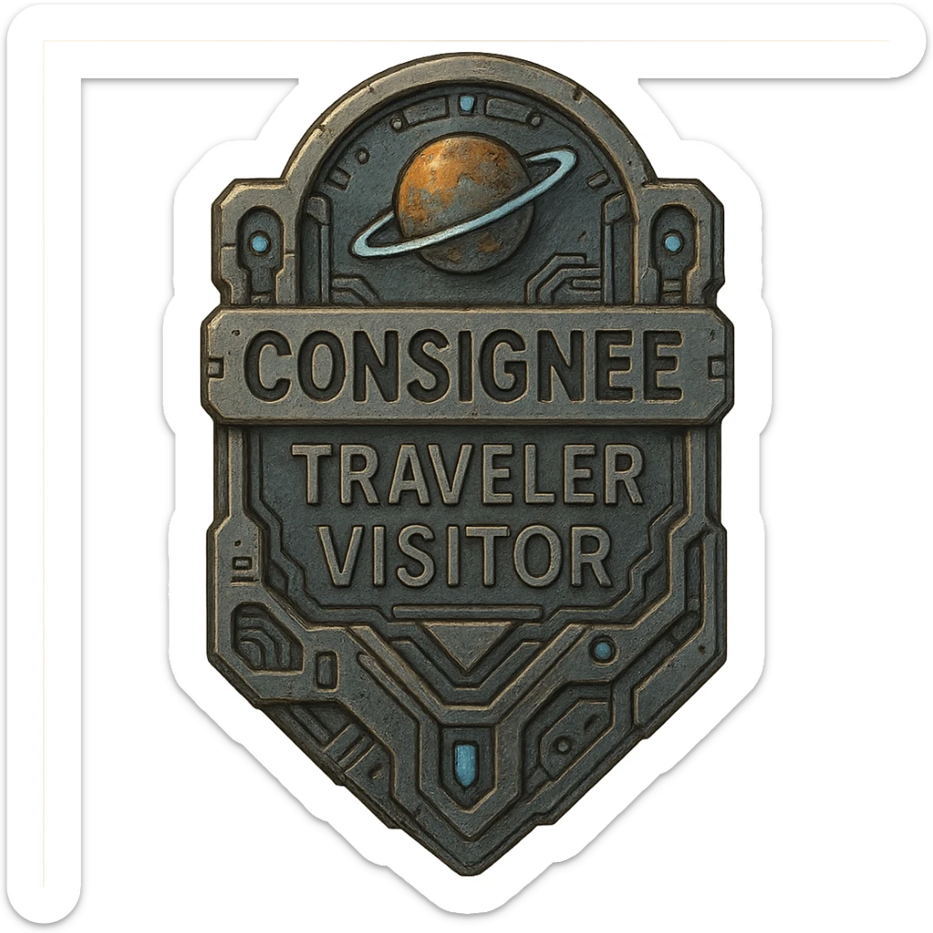 a metal insignia badge for a consignee traveler visitor, space scifi-futuristic cyberpunk futurepunk sticker