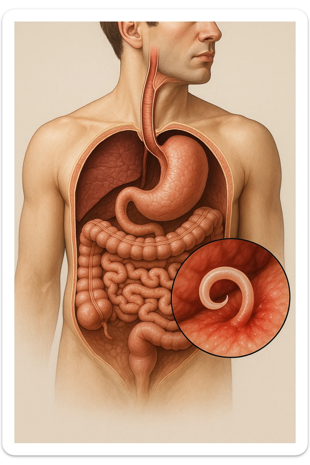 a 3D cutaway view of the human digestive tract, showing an Anisakis larva attached to the intestinal wall. in a man sticker