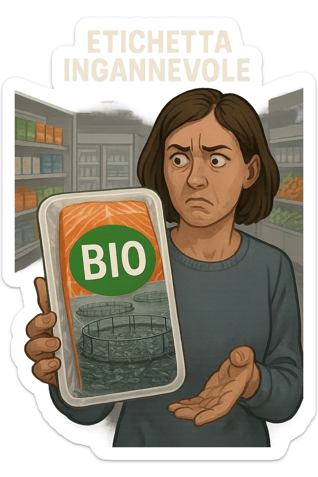 Scena in un supermercato moderno: uomo o donna tiene in mano una confezione di salmone etichettata 'BIO', con un grande bollino verde. Ma in trasparenza, dietro l’etichetta, si intravede un allevamento intensivo di salmoni in gabbie marine, acqua torbida e pesci ammassati. Espressione del cliente confusa e sospettosa. Sopra la testa, testo simbolico fluttuante: 'Etichetta ingannevole'. Colori contrastanti: confezione brillante ma realtà di fondo grigia e artificiale. Stile realistico con elementi simbolici forti sticker