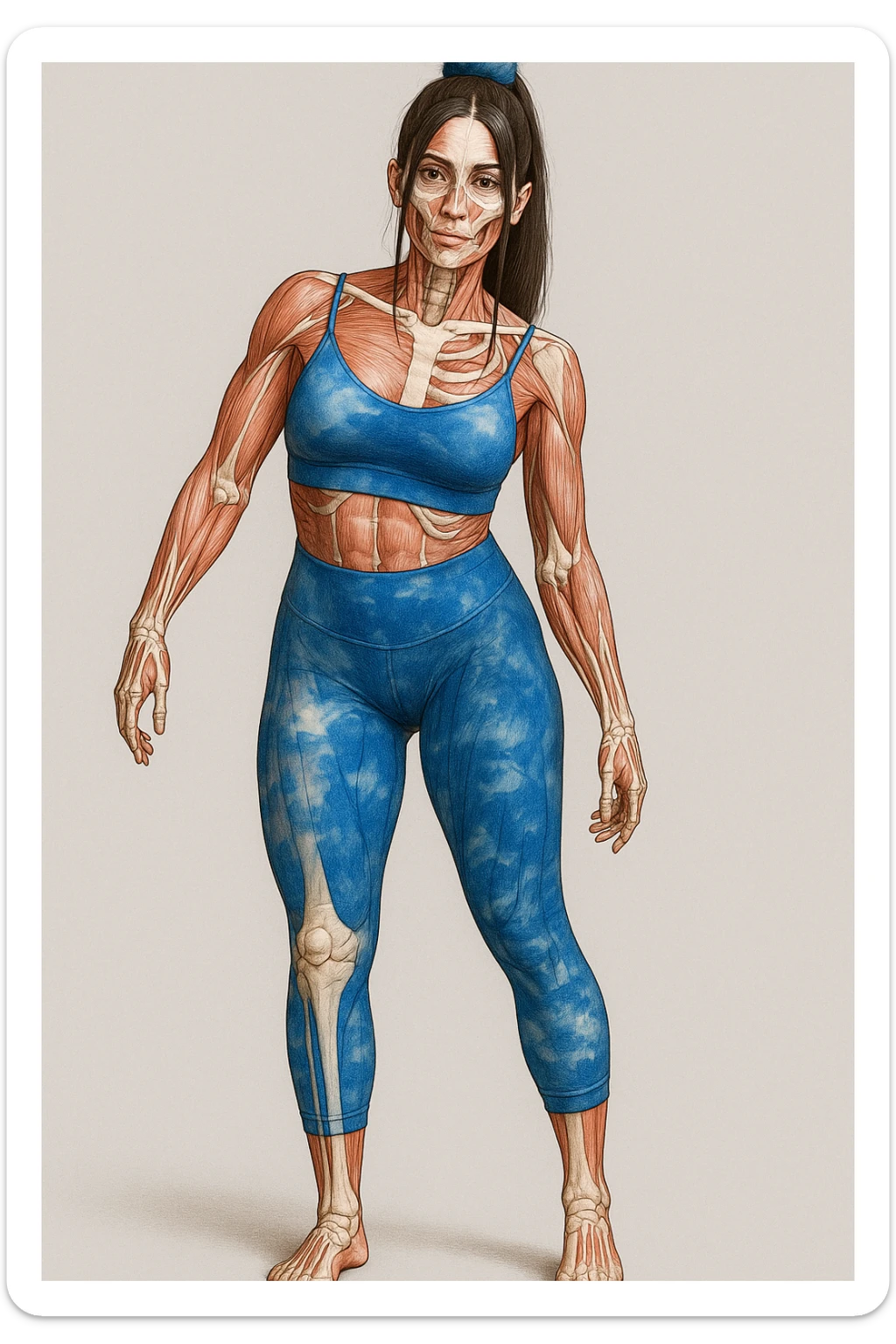 A realistic medical style illustration of a woman in sportswear with an asymmetric posture, showing visible muscles and bones, neutral background, vertical format. sticker