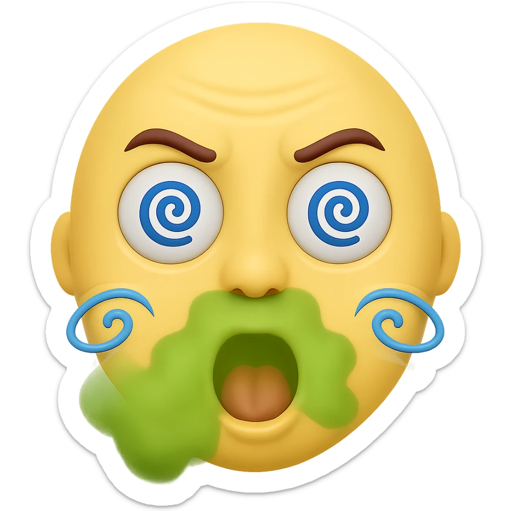 Add a green stink cloud around the mouth of the emoji. Keep the classic emoji style with blue spiral eyes and bad breath. The background should remain transparent. The style is classic emoji style with blue spiral eyes and bad breath. sticker