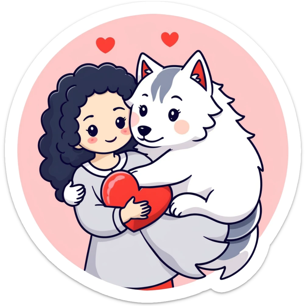 Black curly hair white skin girl hugging one big wolf with hearts above them sticker