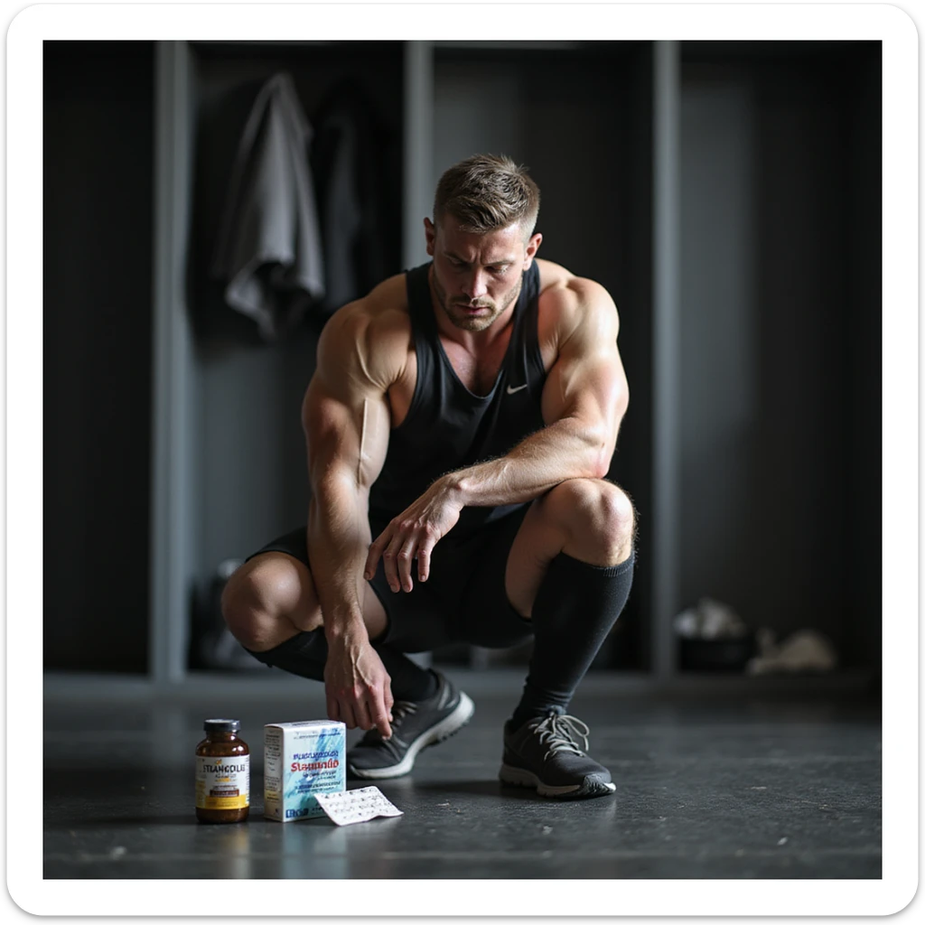 European powerlifter sitting with hands on knees, suffering look, sportswear, bottle of Stanozololo and painkillers package nearby, discomfort atmosphere, realistic details, locker room background sticker