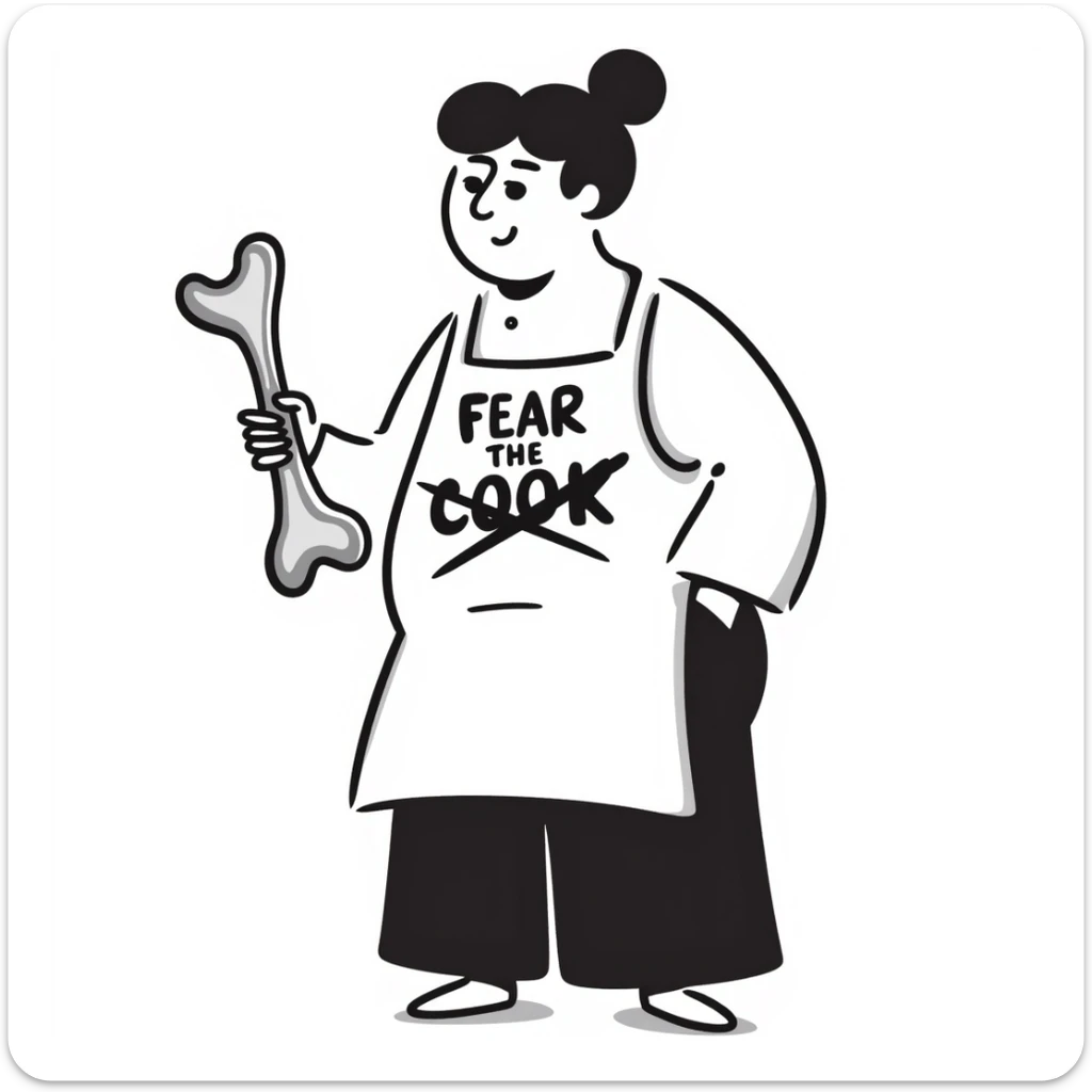 An apron with the text "Kiss the Cook" scratched out and replaced with "Fear the Cook", featuring a giant rib bone as a weapon sticker