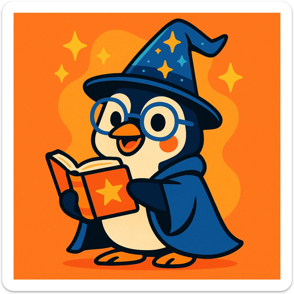 playful penguin wizard with glasses, a spellbook, and a sparkling hat, fun and friendly style sticker