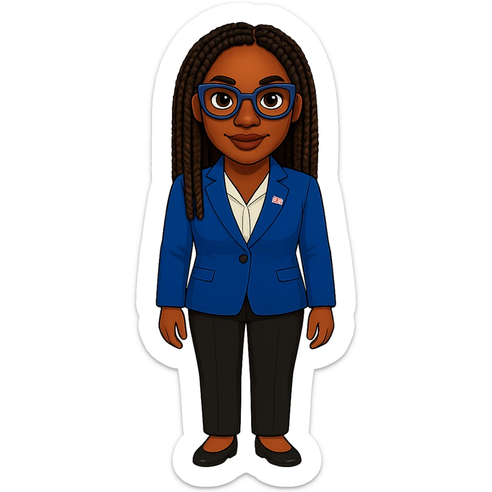 Kemi Badenoch emoji with glasses and braided hair standing, transparent background sticker