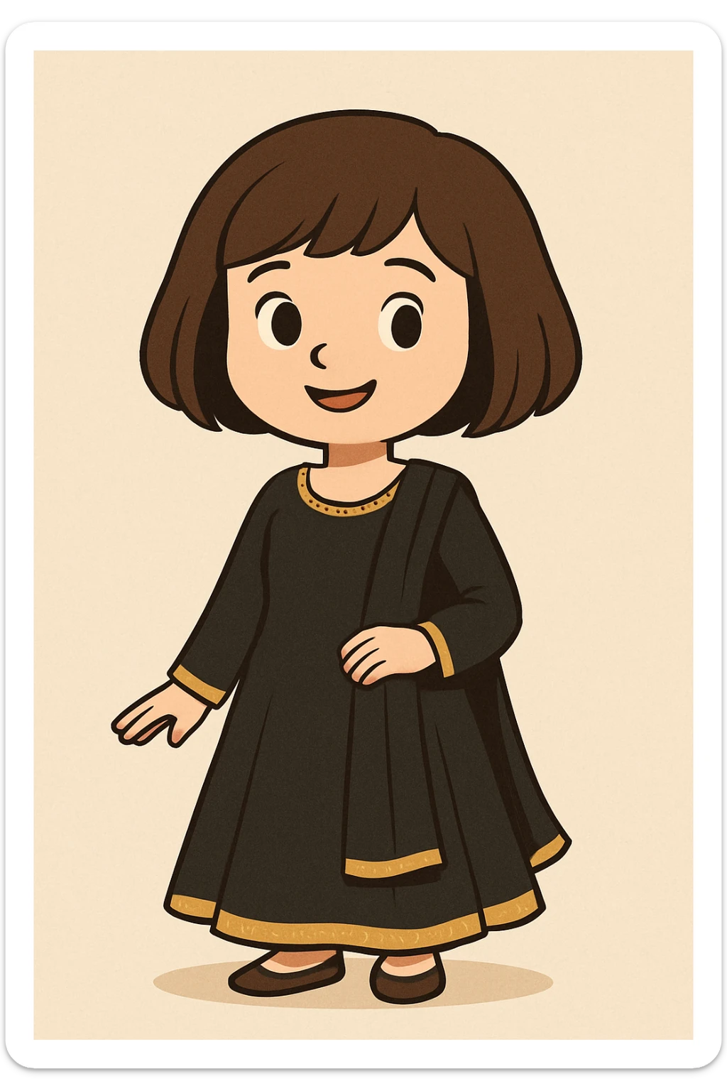 a girl wearing a traditional black Indian dress, bob cut brown hair, white skin, in a cartoon style sticker