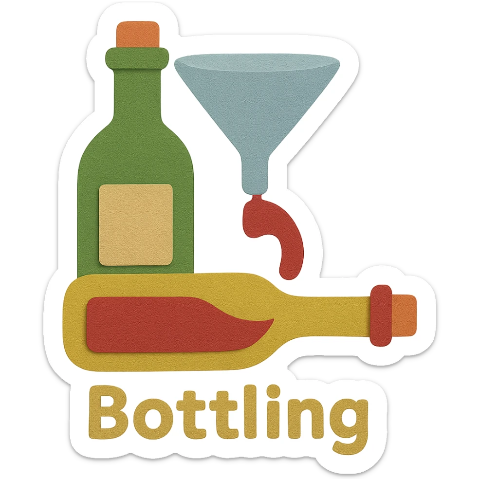 Add the English text 'Bottling' at the bottom of the icon in paper craft style with no background. sticker