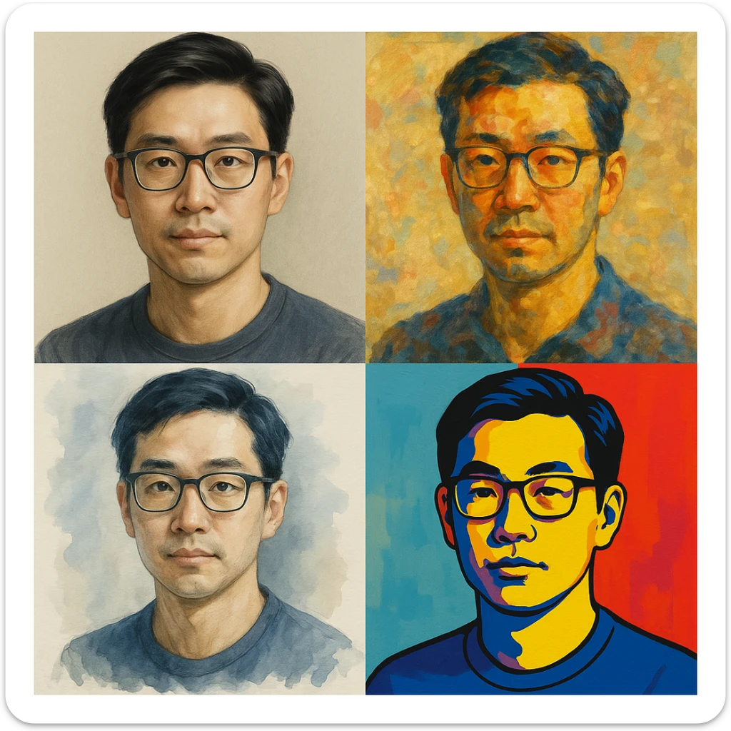 Asian man with black hair wearing glasses, portrait, diverse artistic styles sticker