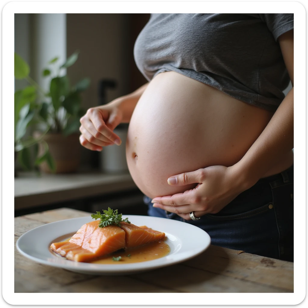 realistic pregnant woman in 4K explaining to her partner why she avoids raw salmon, pointing to her belly with one hand and the plate of salmon with the other sticker