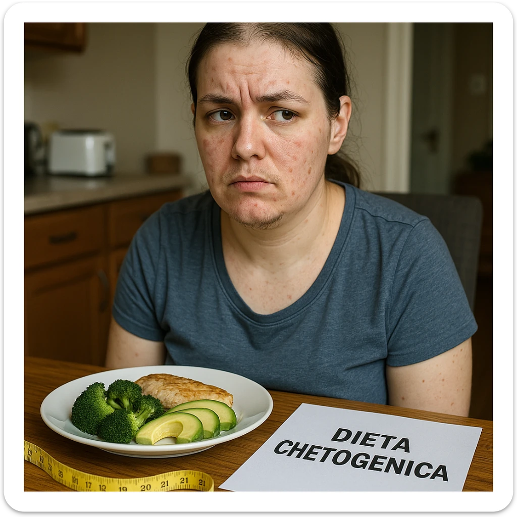 hyperrealistic 4K image of a woman with PCOS, face with acne and chin hair, thin hair, ketogenic plate in front, tailor's measuring tape and sheet with 'DIETA CHETOGENICA' on the table, skeptical expression, realistic domestic environment. sticker