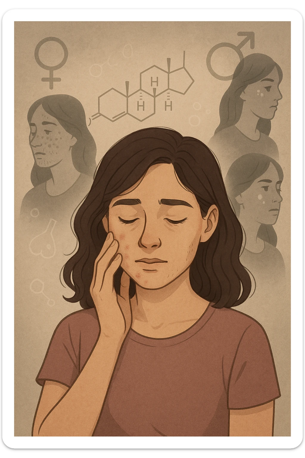 A young woman is surrounded by faint overlays of hormonal symbols and androgen molecules, with shadowy images of acne, facial hair, and oily skin projected around her, symbolizing the symptoms of PCOS with androgen excess. She looks down, gently touching her face with a resigned but hopeful expression, symbolizing her journey toward managing these symptoms. sticker