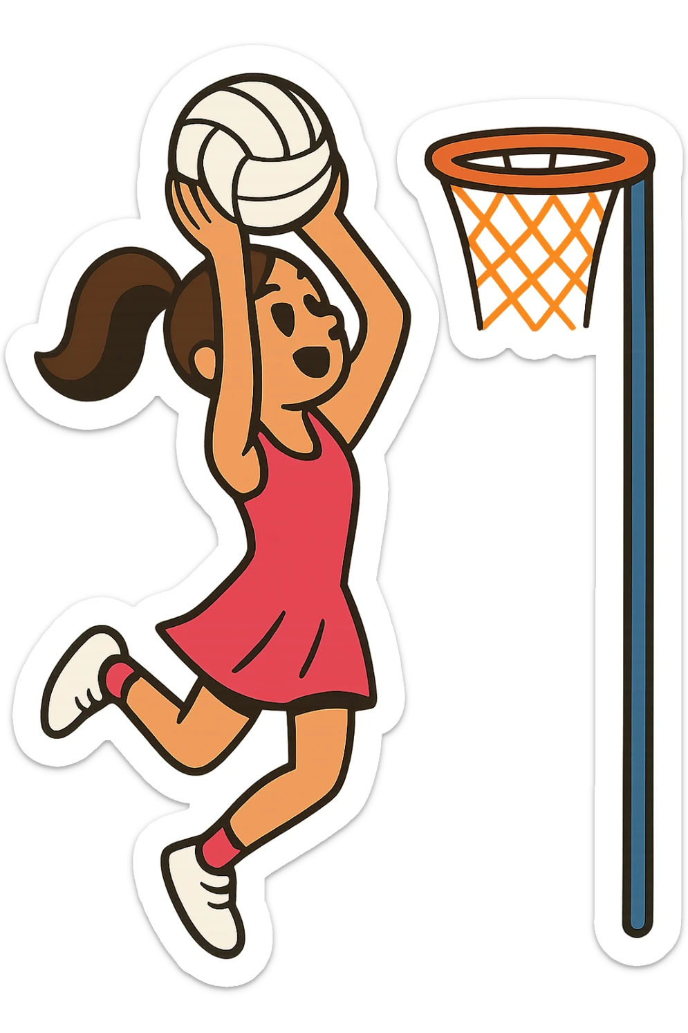 a brunette haired girl wearing a pink netball dress shooting a goal, vibrant and dynamic pose, no background sticker