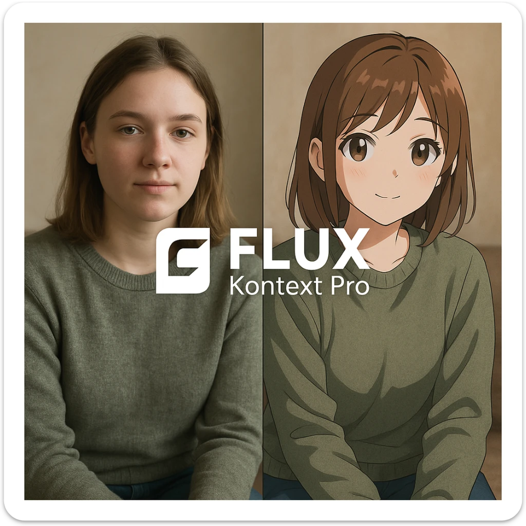 create before after image of a girl before is realsitic photo, after is anime version of her in same pose and clothes, add logo with text of a "FLUX Kontext Pro" sticker