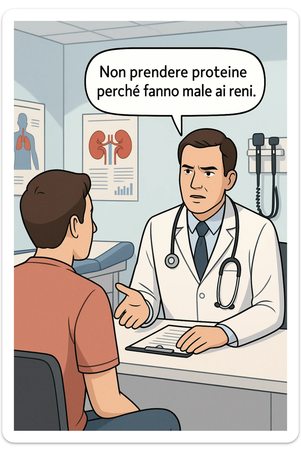 dottore che dice al paziente di non prendere proteine perchè fanno male ai reni in italiano sticker