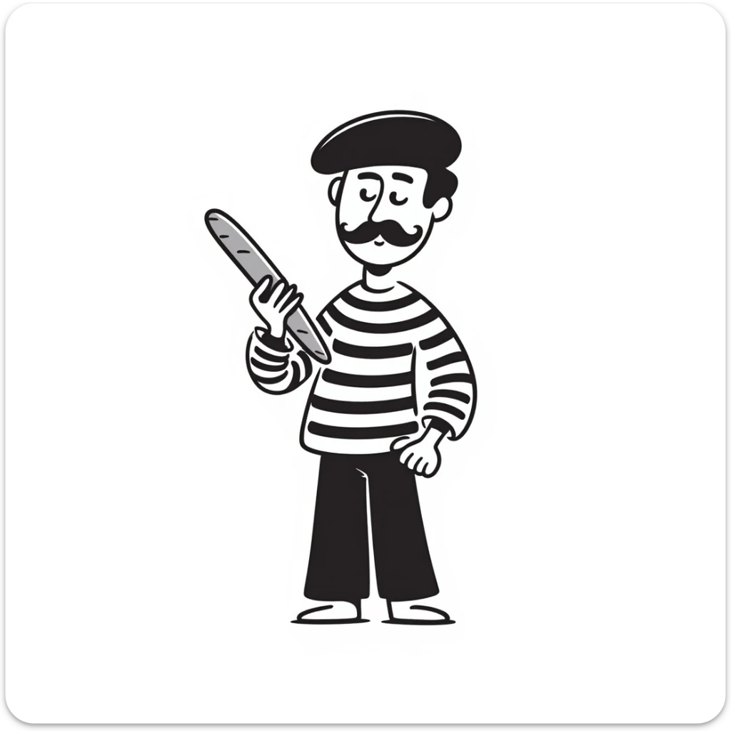 A Frenchman with a moustache and a beret, holding a baguette, wearing a black and white striped shirt, hand-drawn doodle style. sticker