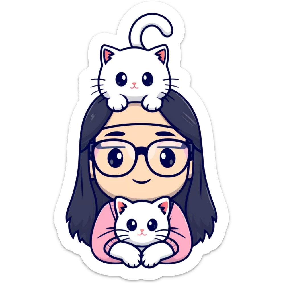 Girl with long black hair and glasses holding a white kitten sticker