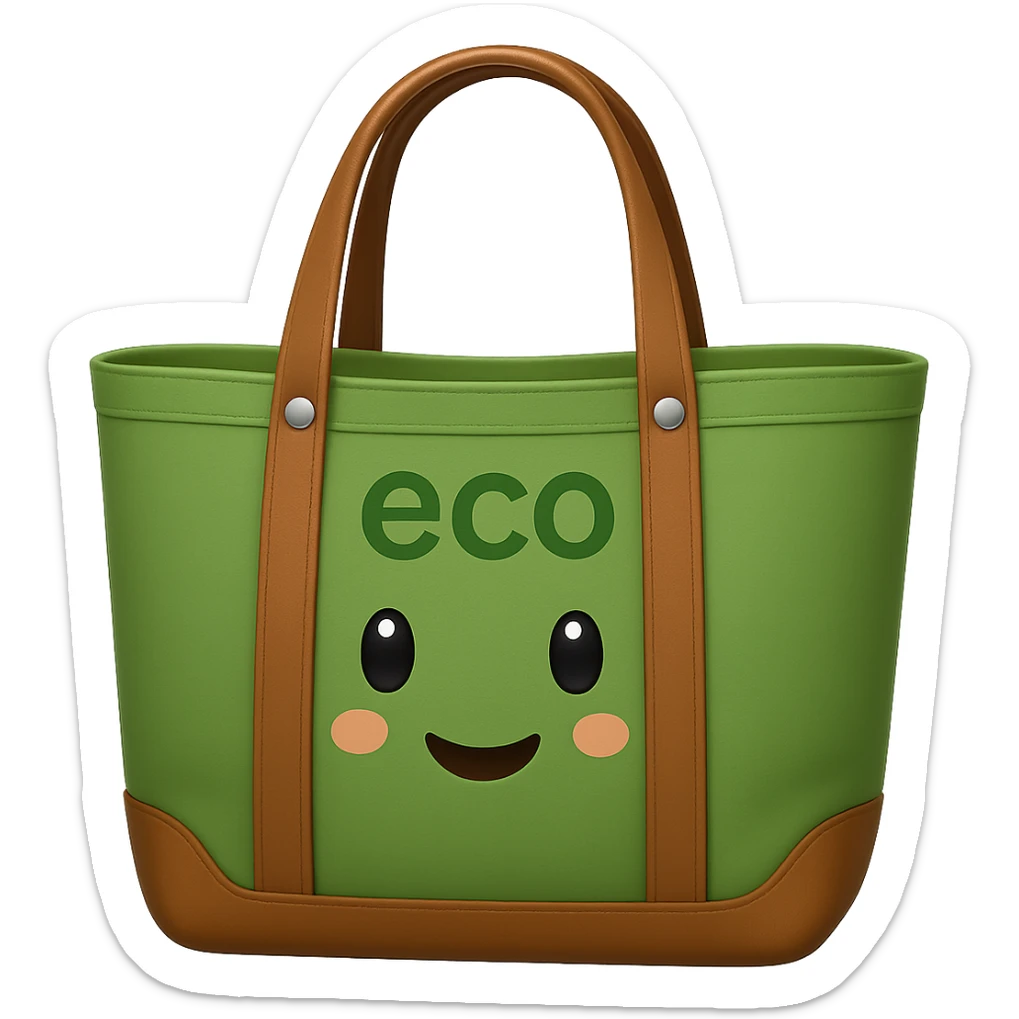 Add the word 'eco' as a logo to the bag, make the bag green, in the style of apple emojis with no background (transparent). The style is apple emoji style, concise and clean. sticker