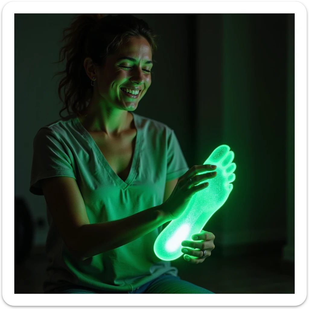 realistic style adult woman smiling showing relief on foot thanks to orthopedic insole, foot with glowing green halo symbolizing benefit, insole visible in shoe, bright environment sticker