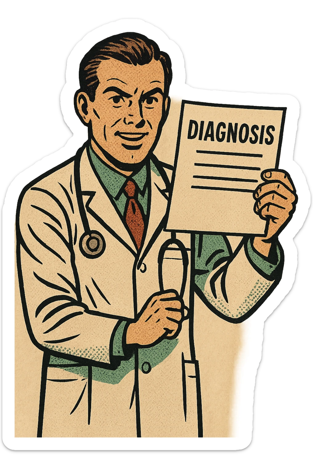 A doctor standing up holding a sheet of paper with the word diagnosis on it sticker