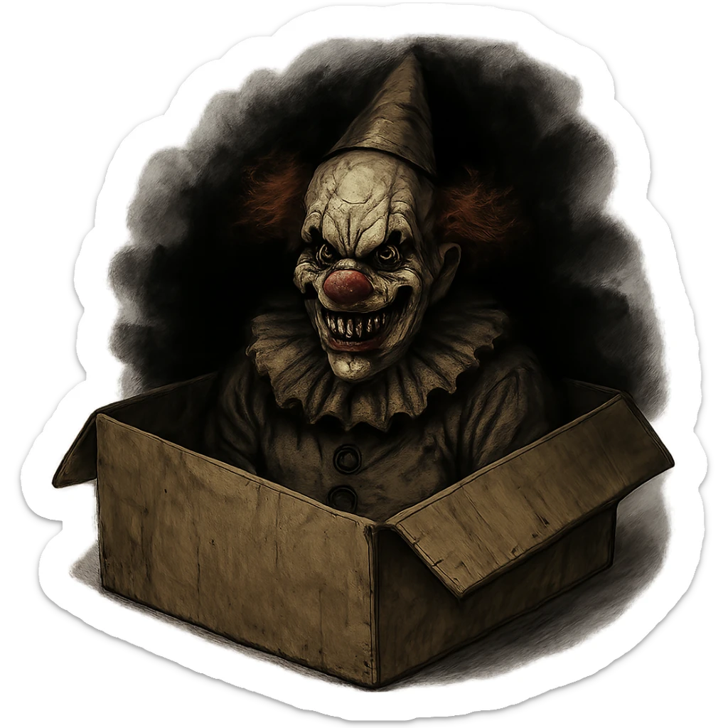 creepy clown sitting inside a cardboard shipping box, wide grin, eerie eyes, shadows sticker