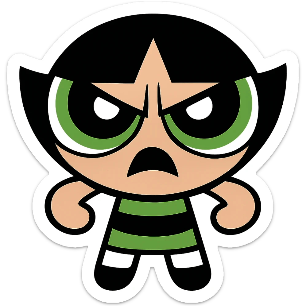Buttercup, cartoon girl with short black hair and big eyes, inspired by Powerpuff Girls, scary intimidating face, vibrant cartoon style sticker
