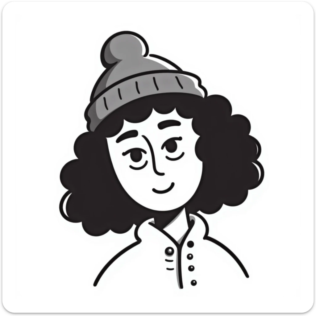 woman with curly hair and a beanie sticker