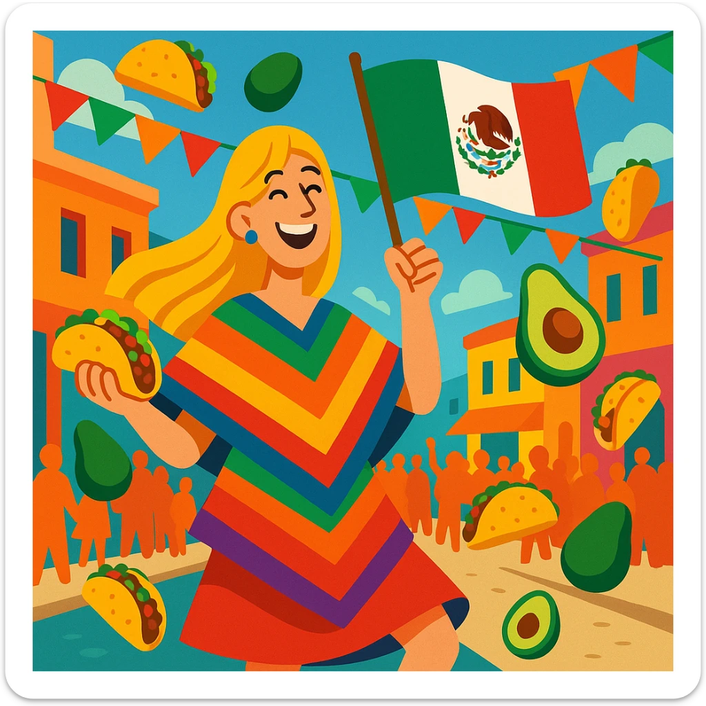festive Cinco de Mayo cartoon of a tall blonde woman, smiling, wearing a colorful poncho, holding a taco and an avocado, waving a Mexico flag, dancing in the street, surrounded by tacos and avocados, lively street party background, bright and bold colors sticker