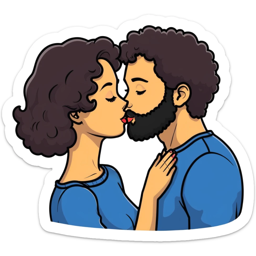 curly haired girl kissing a man with a beard, romantic couple kiss sticker