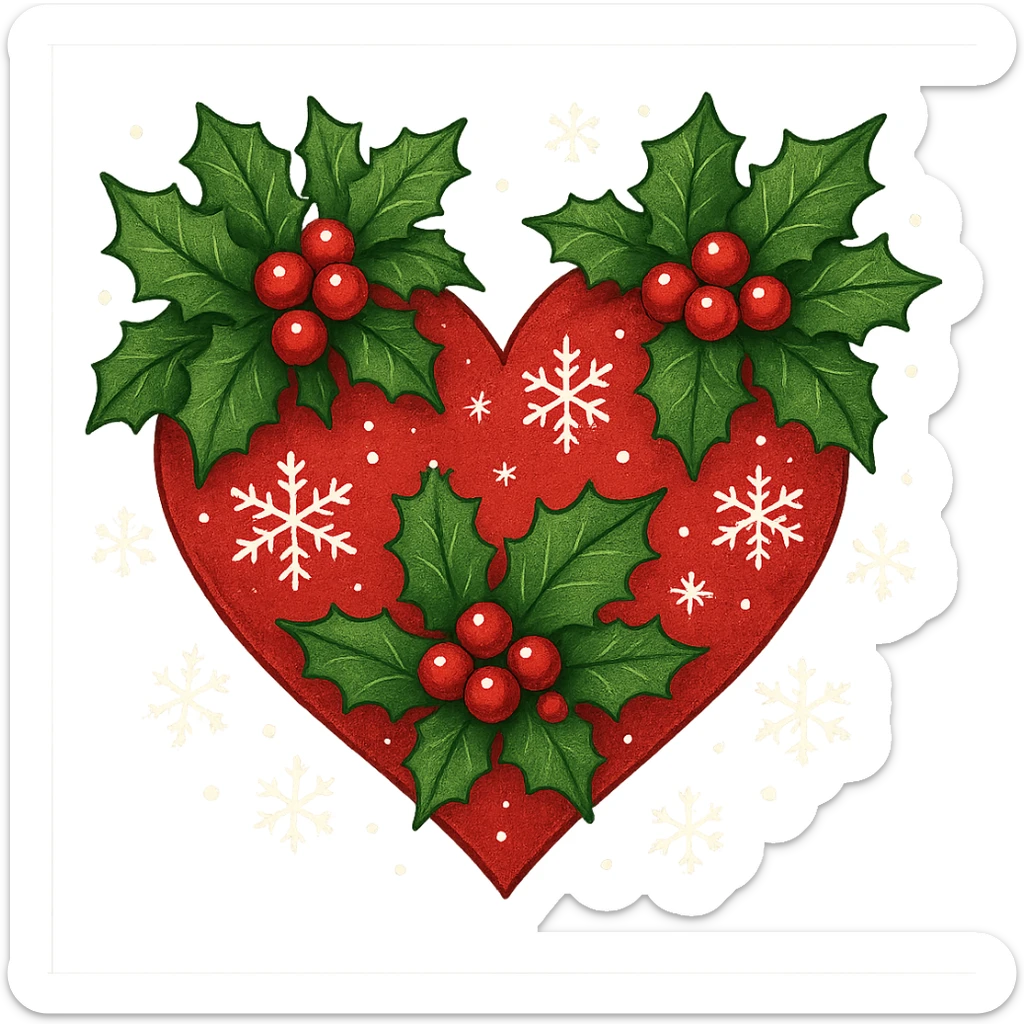heart with Christmas theme, decorated with holly, red and green colors, snowflakes sticker