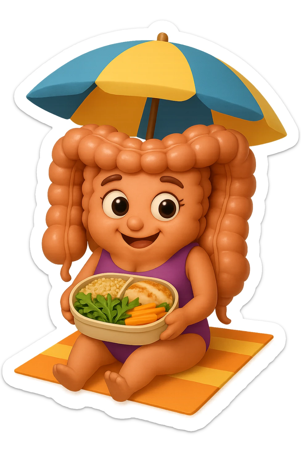EMOJI STILE IPHONE DI INTESTINO DONNA CON COSTUME INTERO IN SPIAGGIA SEDUTO SU UNA SPIAGGINA SOTTO L'OMBRELLONE CON IN MANO UNA SCHISCETTA DI Insalata di quinoa e pollo con rucola e carote, iperrealistica 4k sticker