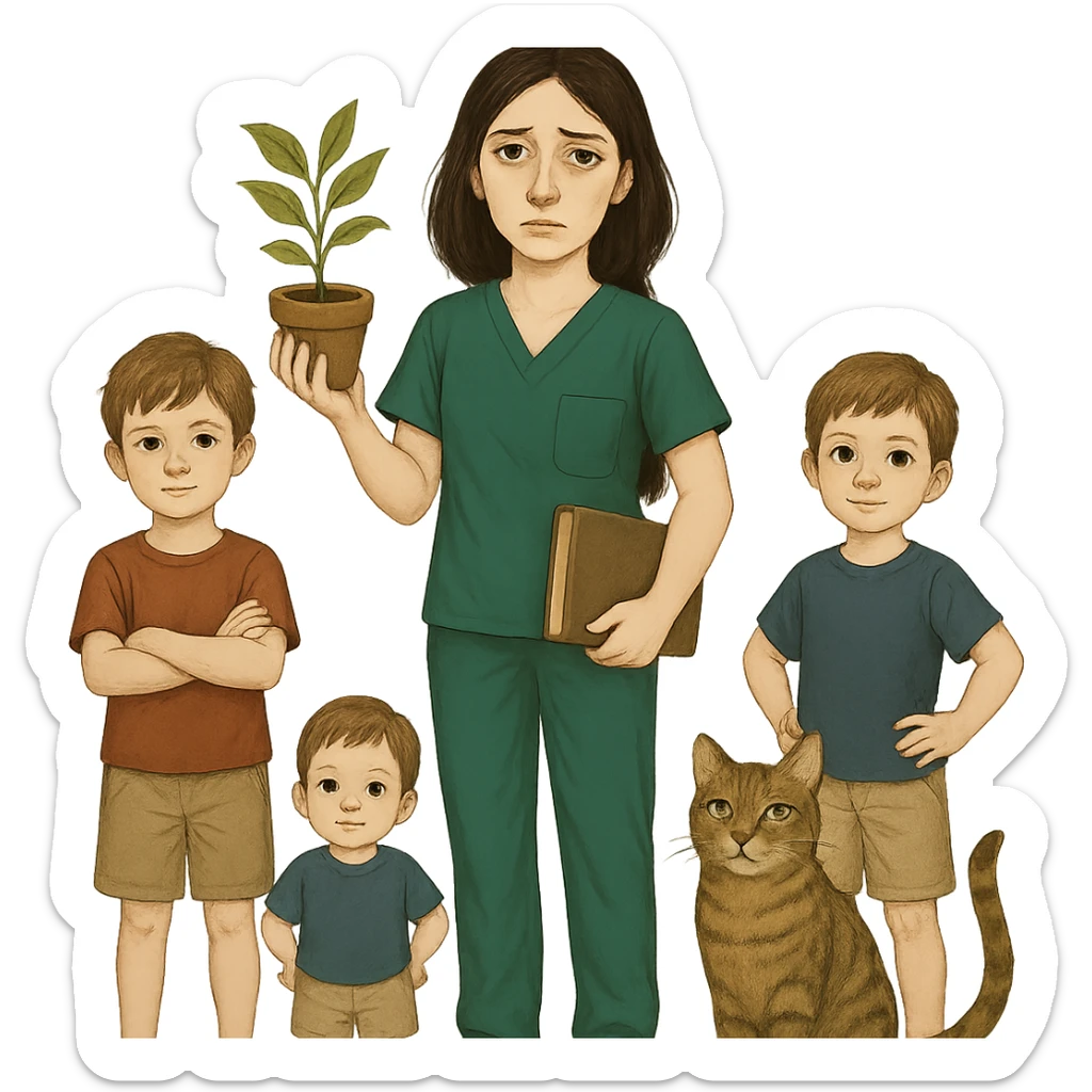 Edit the image to add two boys. The woman should be wearing Kelly green scrubs, with longer and darker hair. She should be holding a plant in one hand and a book in the other. Include a cat nearby. She has pale skin, gray eyes, and a tired expression. Remove the background entirely. sticker