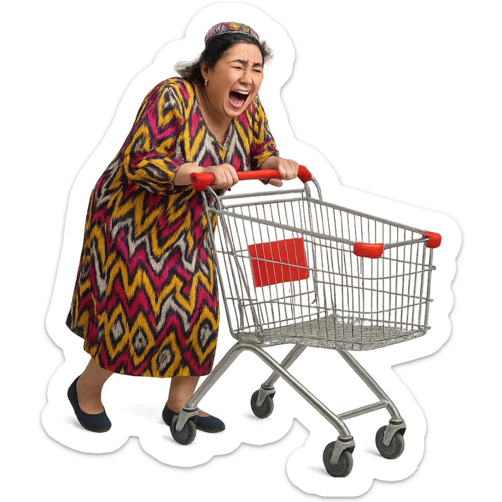 hysterical Uzbek woman with a shopping cart sticker