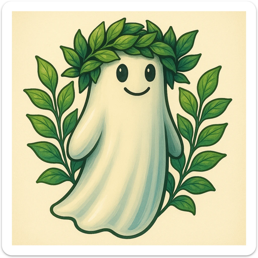 Add a wreath made of green leaves on the ghost's head, matching the illustration style and colors. Keep the ghost and background unchanged, just add a leafy crown. The style should blend naturally with the existing illustration style of the ghost. sticker