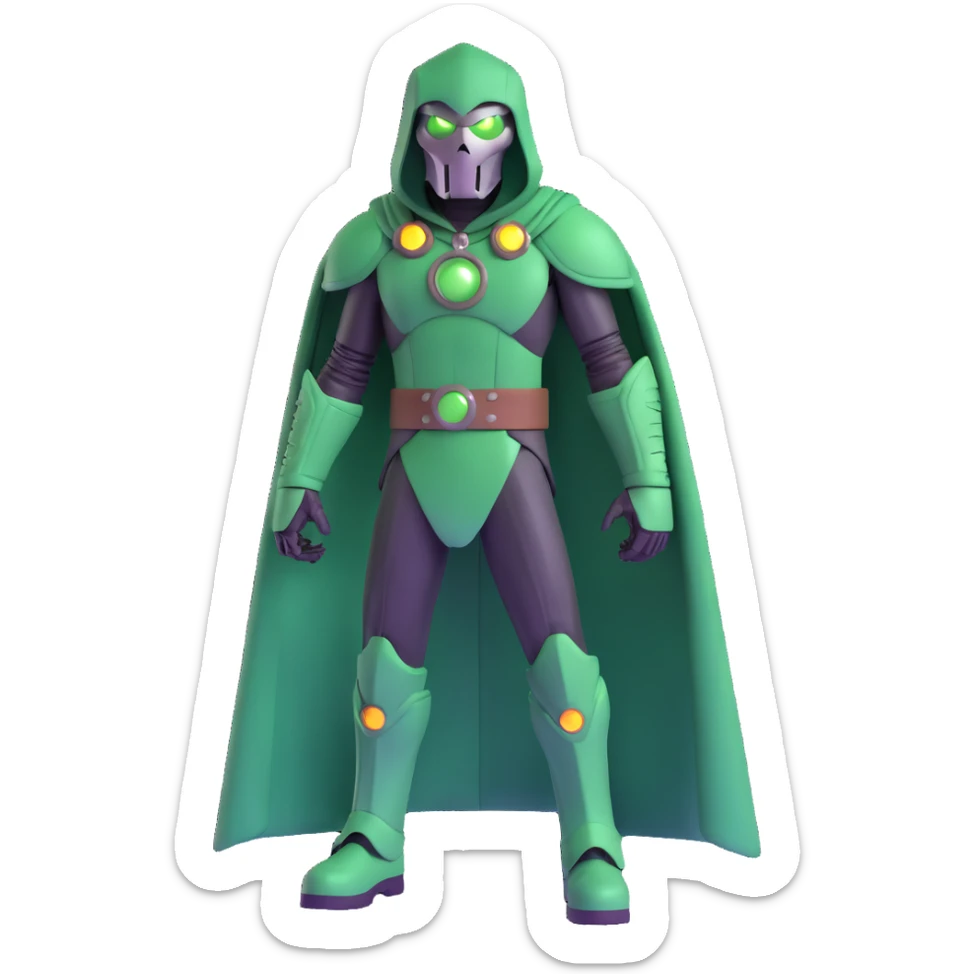 Doctor Doom standing tall with glowing green eyes behind his metal mask, full body view sticker