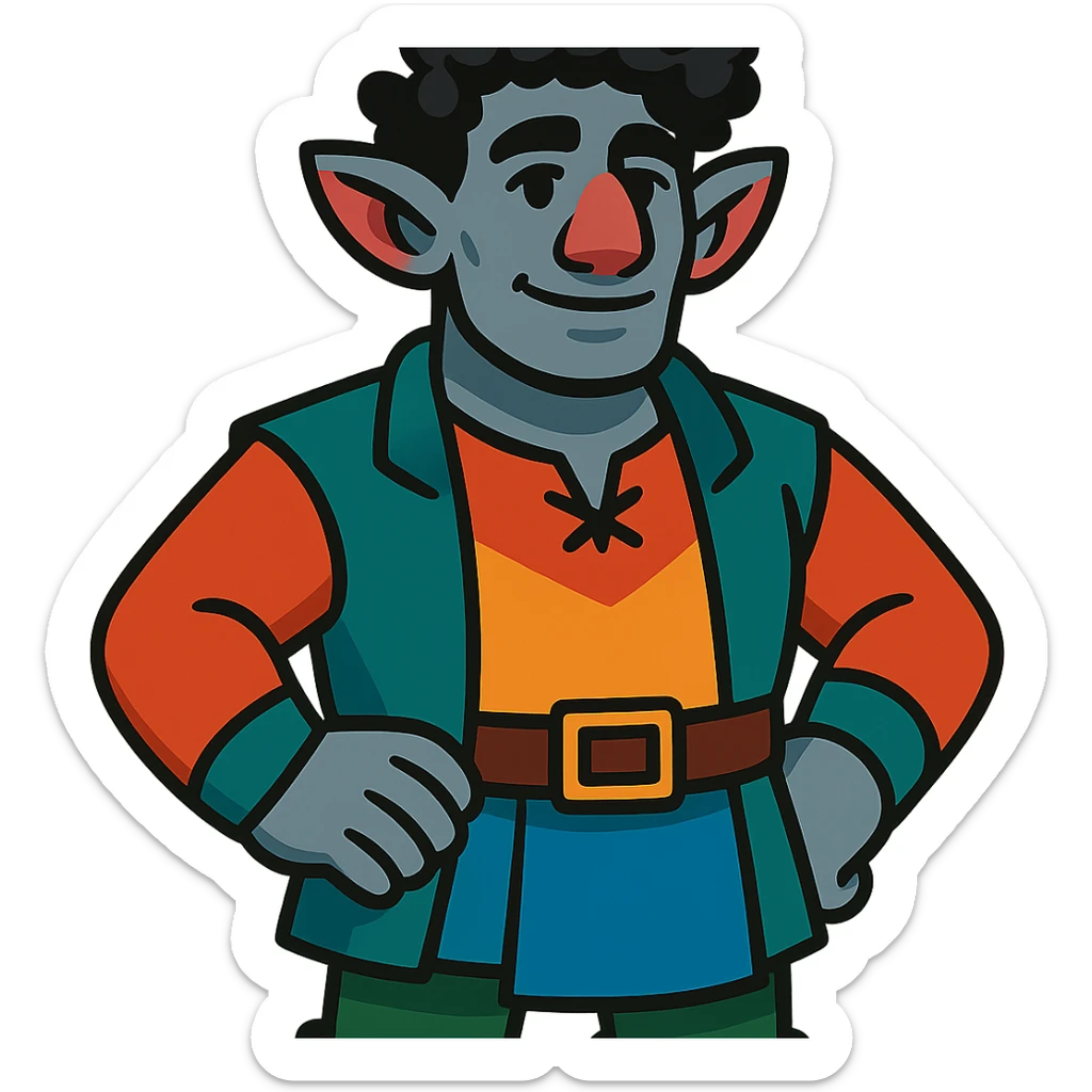 firbolg from DnD with gray skin, black curly hair, clean-shaven face, no beard in vibrant toon style sticker