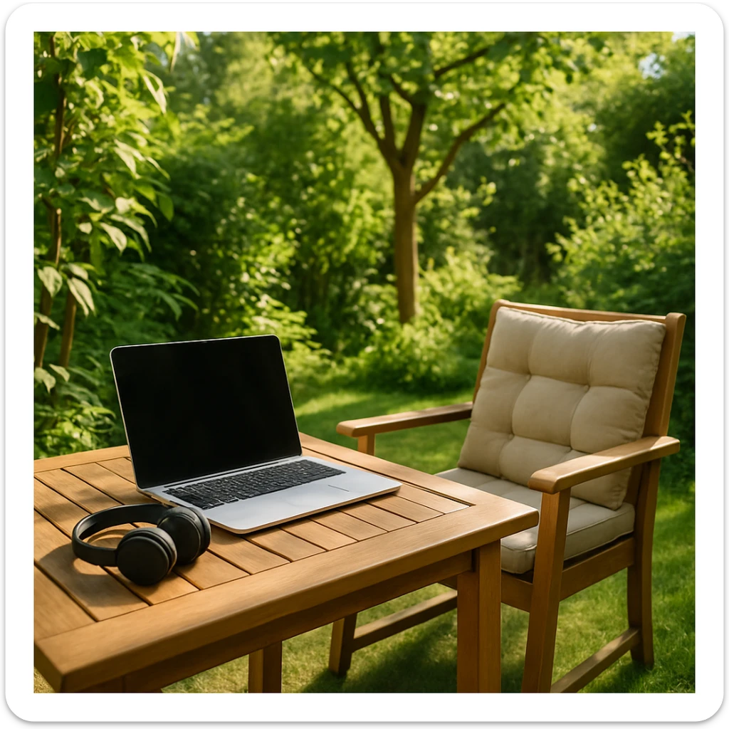 Outdoor home office with laptop, headphones, garden furniture, nature, productive mood sticker
