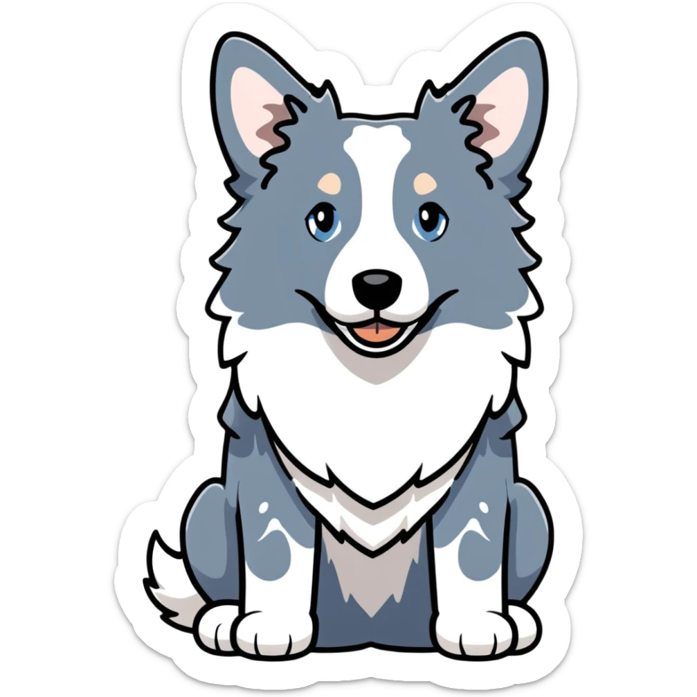 A merle border collie dog sitting, with blue and gray spotted coat, alert ears, and friendly expression sticker