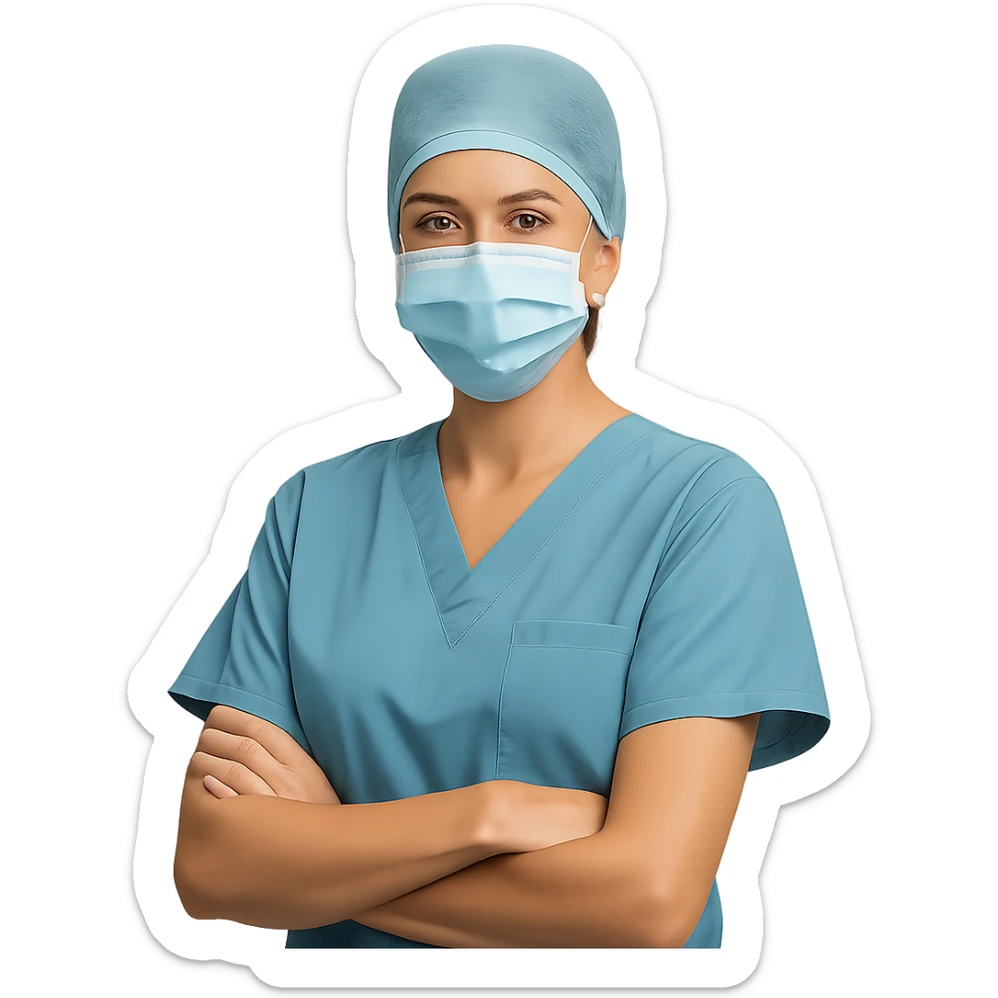 doctor, female, wearing scrubs, with a mask sticker