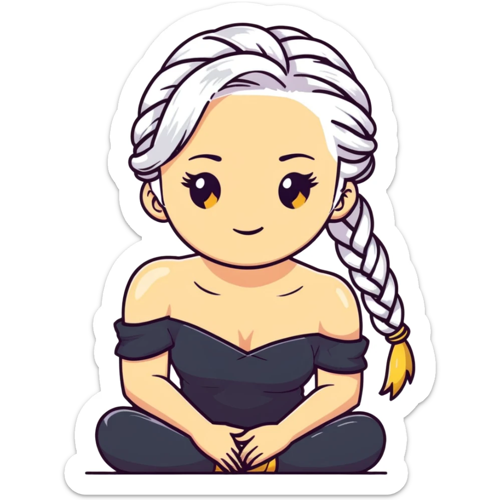 closeup portrait of young woman with gold yellow eyes, white hair in a long braid, black off-shoulder top, punk gothic style, futuristic cyberwave, sitting position sticker