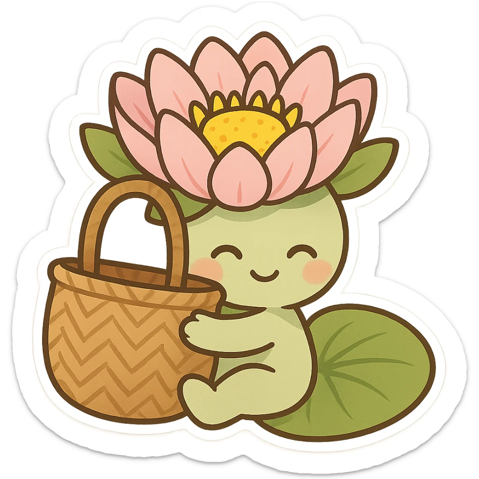mascota para proyecto productivo, lirio de agua abrazando un bolso artesanal, estilo tierno y amigable, ideal para marca ecológica y artesanal sticker