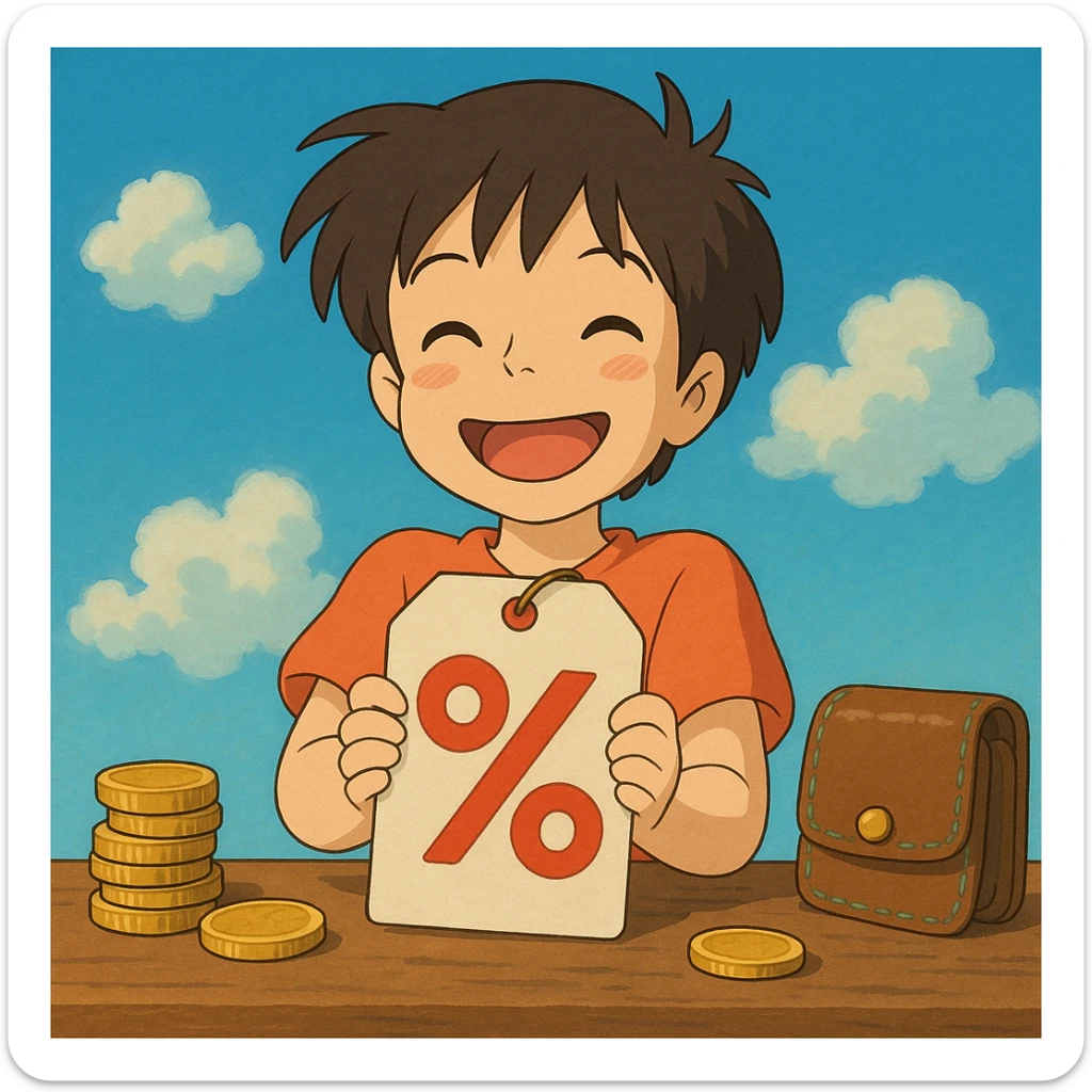 happy anime character holding a price tag with discount symbols, coins and wallet nearby, cheerful colors, Studio Ghibli style sticker