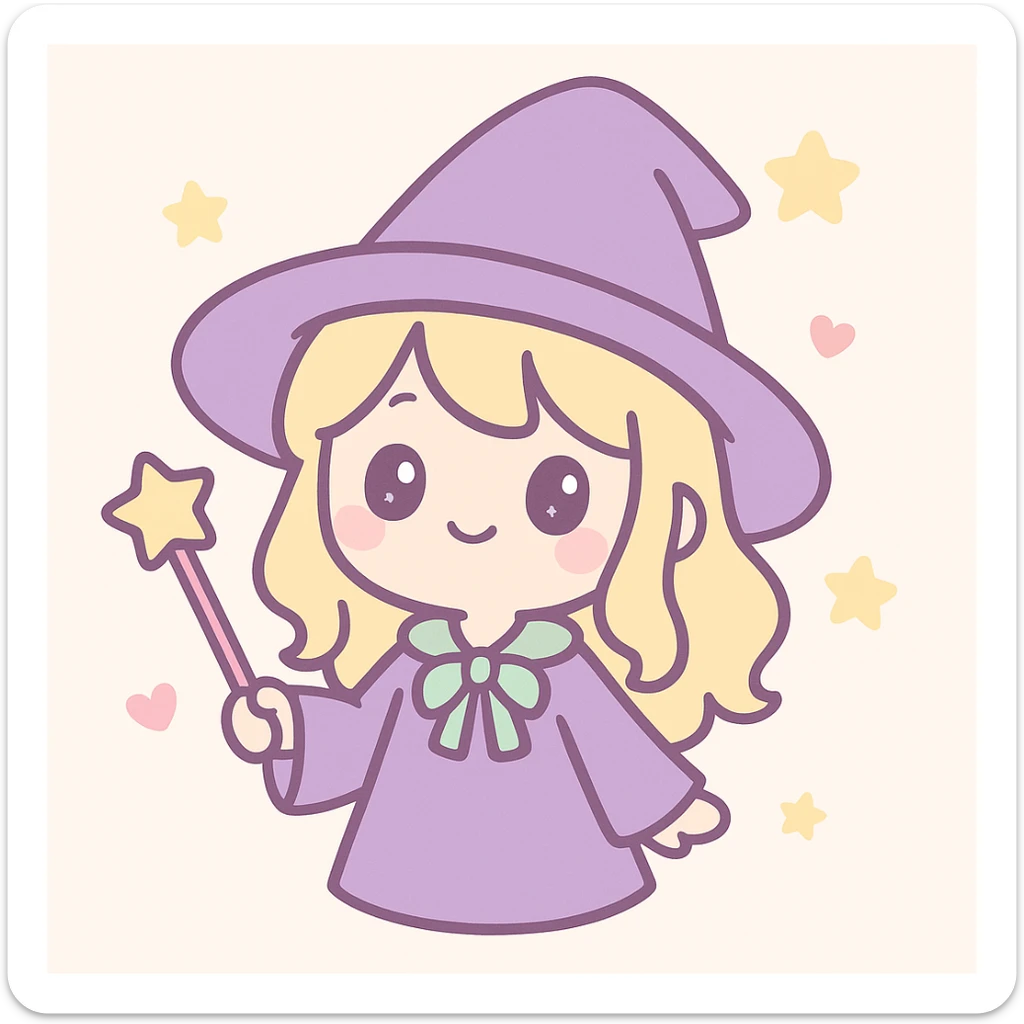 adorable wizard girl, blonde hair, wearing a large purple wizard hat, magical vibe, cute and whimsical sticker