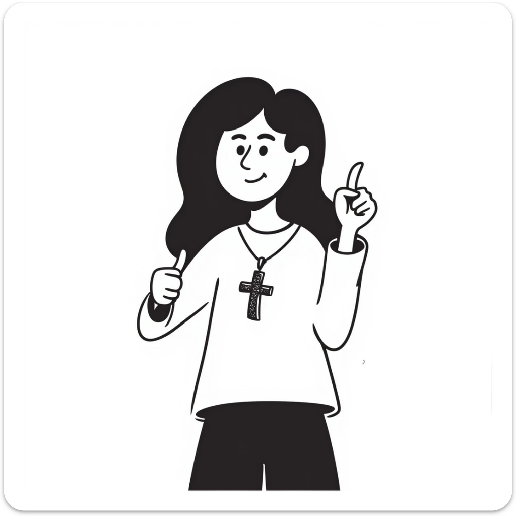 person with long brown hair holding a cross and giving a thumbs up, hand-drawn doodle style sticker