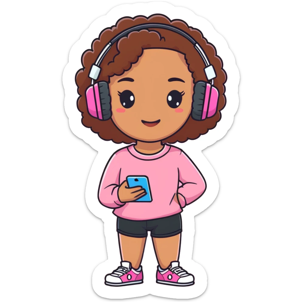 Mixed girl with a pretty face, brown curly hair, a pink long sleeve shirt on, and black shorts, holding a pink iPhone with headphones on   sticker