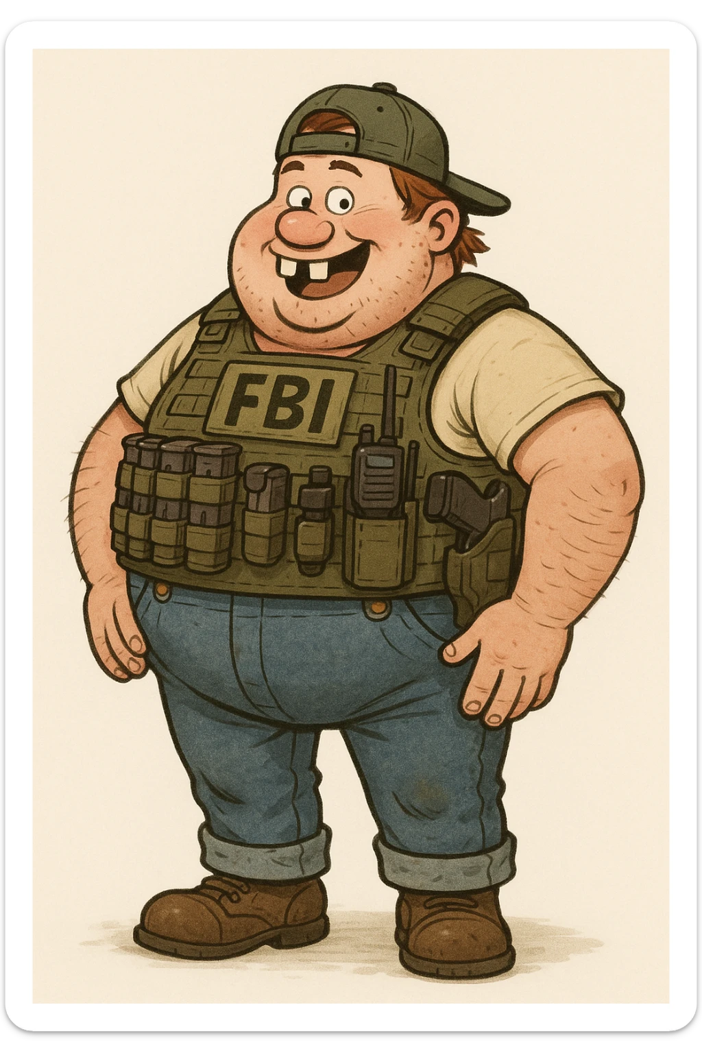 A fat federal agent in a tight, gear-filled vest, with buck teeth and a cartoonish hillbilly style sticker